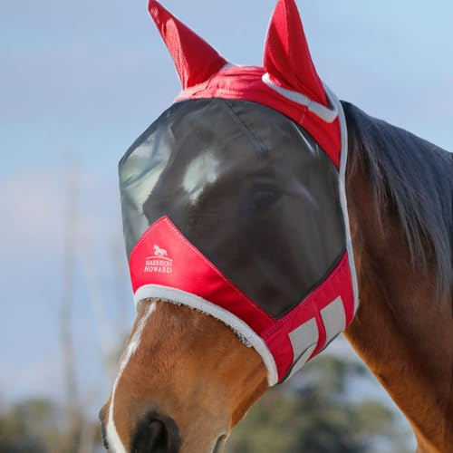 Harrison Howard CareMaster Pro Luminous Pferde Fliegenmaske UV-Schutz Fleece-Polsterung mit Ohrenschutz Rot Warmblut (L)