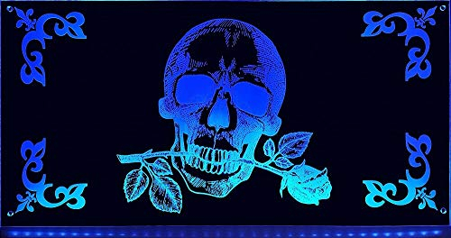 LED Schild Totenkopf mit Rose 60x30cm 12/24V-Adapterstecker ✓ Leuchtschild ✓ RGB Farben ✓ Edles beleuchtetes Rückwand-Schild als Truck-Accessoire | Beleuchteter Totenkopf