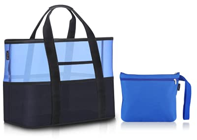 Smof Bolsa de Playa Grande, Bolsa de Malla de Playa with 12 Pockets, Bolsa de la Playa xxl, Bolso Impermeable Playa, Bolsa Playa Familiar Para Ropa, Juguetes, Toallas, Gimnasio, Piscina, Viajes(azul)…