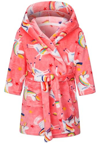FILOWA Accappatoio Bambini Ragazza Flanella Vestaglia con Cappuccio Doccia Morbido Pigiama Lungo Spugna Indumenti da Notte per Bambina 3-4 Anni, Rosa Unicorno