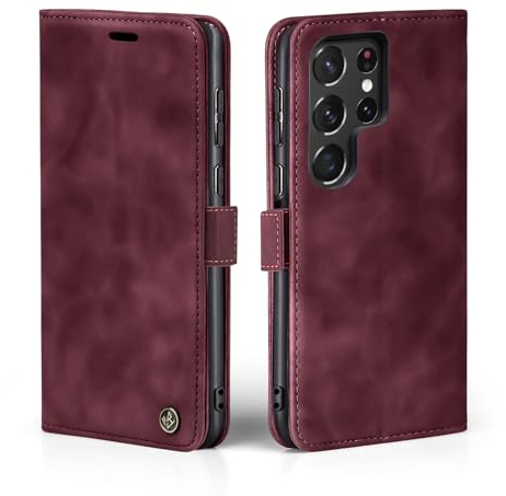 LBH Handyhülle für Samsung Galaxy S22 Ultra in Weinrot mit Karten- und Geldfach Smartphone Hülle mit Standfunktion Flip Case Schutzhülle Magnetverschluss Vintage