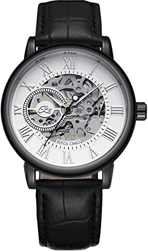 rorios Herrenuhren Mechanische Automatikuhr Leuchtende Uhren mit Lederband Skelett Militär Armbanduhr