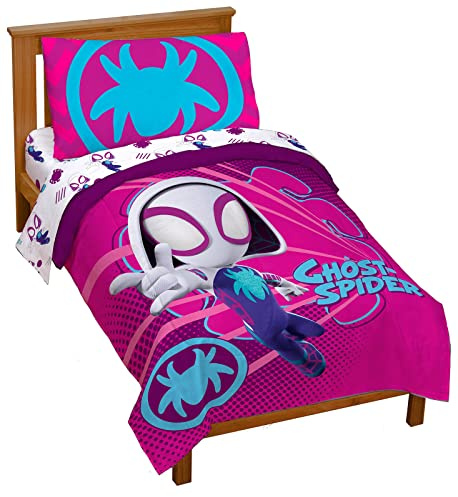 Marvel Spidey & His Amazing Friends Ghost Spider Gwen 4-teiliges Kleinkind-Bettwäsche-Set – Bettwäsche mit Bettdecke und Bettlaken-Set – superweiche, lichtbeständige Mikrofaser