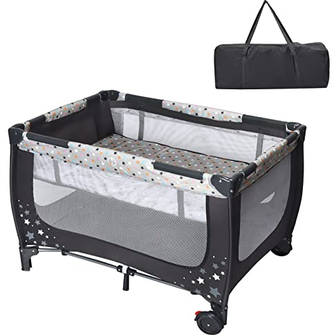 LIFEZEAL Babybett, 3-in-1, faltbar, Babyschirm mit Matratze, 0-36 Monate, Etagenbett, abnehmbar, 2 feststellbare Räder, Reise mit Aufbewahrungstasche, grau