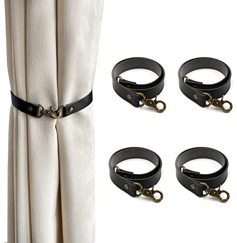 Leder-Vorhang-Raffhalter, 4 Stück Leder-Vorhangschnallen, Vorhanghalter, klassische Vorhangbänder, kein Bohren, Vorhangseil, Raffhalter für Zuhause, Wohnzimmer, Schlafzimmer, Café, dekorativ (schwarz)