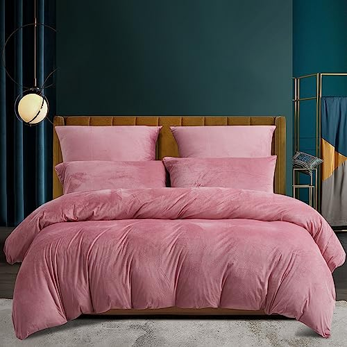 Winter Plüsch Bettwäsche 200x200 cm Thermo Microfaser Fleece Flausch Nicky Warme Bettwäsche Set Rosa Altrosa Weich Flauschig Kuschelig Teddy Plüsch Bettbezug Set Wintermotiv und Kissenbezüge 80x80 cm