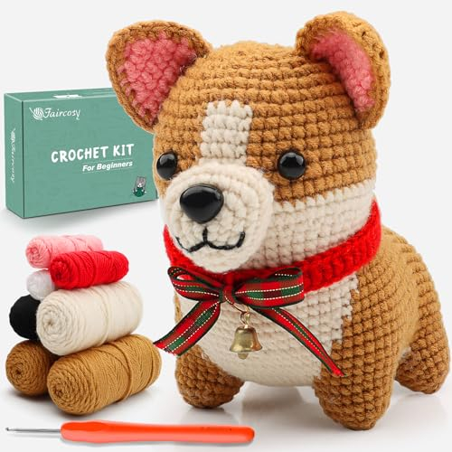 Faircosy Häkelset für Anfänger Häkeln: Häkeltier-Sets für Erwachsene und Kinder – Stricken lernen, Amigurumi-Hunde-Starter-Set mit detailliertem Tutorial-Video und Anleitung – Corgi