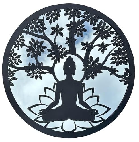 AB Tools Black Metal Round Buddha Tree Mirror Wall Art Garden Home Gift