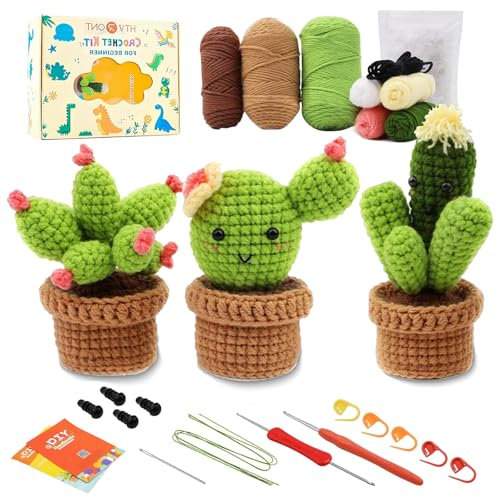 Lonsien Crochet Kit Principiantes Cactus Kit Ganchillos Crochet Amigurumi Kit con Instrucciones en Video Paso a Paso para Adultos y Niños