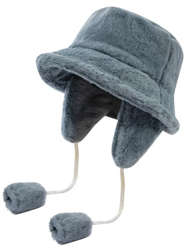 CLAPE Winter Bucket Hat with Ear Flaps Kunstfell Fischerhut mit Ohrenklappen Warm Flauschig Eimerhut Verstellbar Winddicht Schlapphut Freizeithut