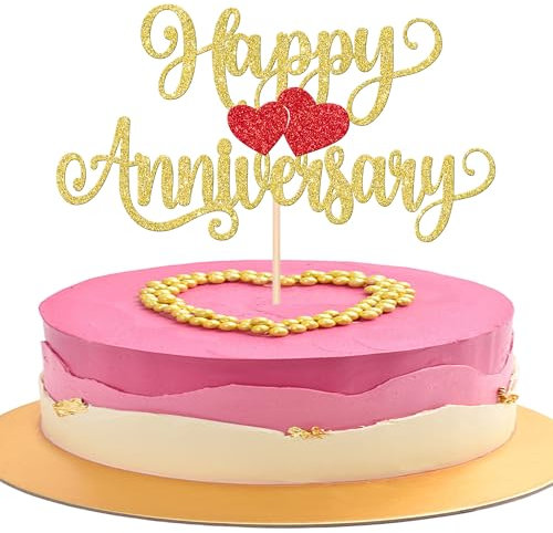 1 Stück Happy Anniversary Cake Topper Glitzer Hochzeit Jahrestag Tortendeko Alles Gute zum Jahrestag Kuchen Deko für Hochzeit Jahrestag Geburtstag Party Kuchen Dekoration Gold Rot