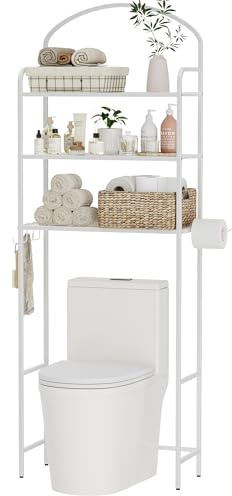 Cerlyunzan Organizador de baño de 3 niveles, organizador de baño, ahorro de espacio, estante de almacenamiento sobre el inodoro con 4 ganchos y soporte para papel, estante de metal, color blanco