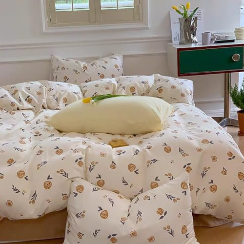 Michorinee Single Duvet Cover Set White with Gold Flowers Pattern Bedding Set with Zipper Closure 3pcs Microfiber Floral Comforter Cover 135x200 and 1 Pillow Case 50 x 75 cm
