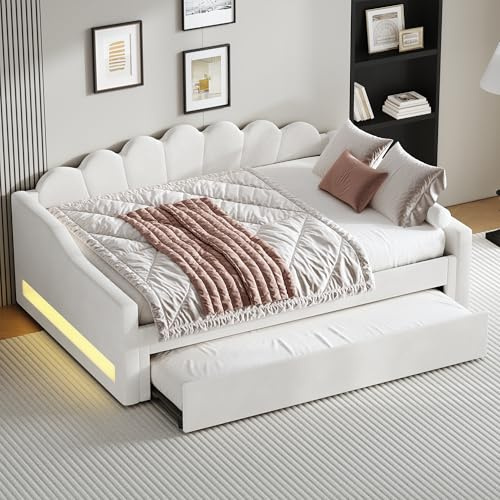 Dolamaní Ausziehbett Schlafsofa 140x200 cm mit LED und Lattenrost aus Holz, Leinen Polsterbett Tagesbett Gästebett für Kinder Jugendliche und Erwachsene, ohne Matratze (Beige)