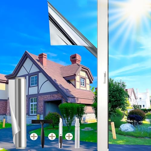 Cycbiki UV Schutzfolie Spiegelfolie Fenster Sichtschutz 44.5x200cm Hitzeschutzfolie Fenster Sonnenschutzfolie Fenster innen & außen Selbsthaftend Rückstandslose Fensterfolie für Ihre Haus/Büro Silber