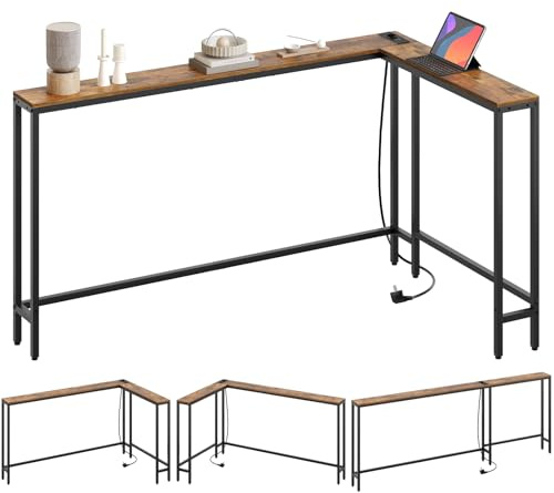 YATINEY Schmaler Konsolentisch, Eingangstisch, 15 cm breit Flurtisch, 2 Steckdosen und 2 USB-Anschlüsse, für Wohnzimmer, Flur, hinter dem Sofa, 3 Kombinationsmodi, Vintagebraun und Schwarz XCT17CBR