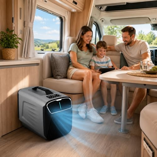 Aire Acondicionado Sin Unidad Exterior Fija 5200 BTU, Portátil 12V 24V 220V, 4 Modos, 118 CFM/200 m³/h, Compacto 54x30x35 cm, para Caravana, Camión, Coche, Camping, Tienda y Hogar Familiar Grey-220V