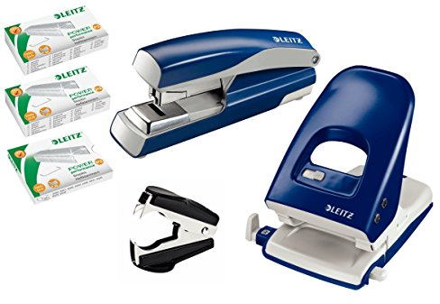 Leitz Profi Büroset 5138 Bürolocher Stark NeXXt, 40 Blatt und Leitz 5523 Flachheftgerät Stark NeXXt, 40 Blatt mit je 1.000 Heftklammern 24/6 24/8 und 26/6 (Profi Set blau)