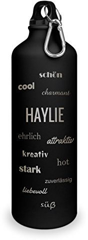 Trinkflasche mit Namen Haylie - graviert mit Positive Eigenschaften, Aluminiumflasche mit Gravur, Sportflasche - matt schwarz