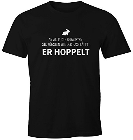 MoonWorks Herren T-Shirt Spruch an alle die wissen wie der Hase läuft - er hoppelt Fun-Shirt lustig Schwarz XS