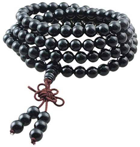 KYEYGWO 108 Gebet Mala Perlen Armband für Damen Herren, 6mm Tibetisch-buddhistischen Heilstein Halskette für Unisex, Schwarzer Achat
