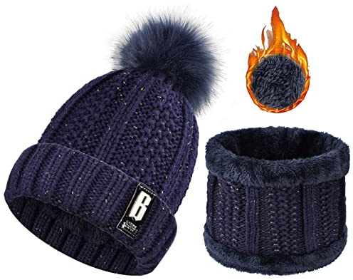 Yuson Girl Wintermütze Strickmütze mit Schal Damen Warme Mütze Schal Set Weichem Innenfutter Schal und Mütze Schlauchschal Hüte Mützen mit Kunstpelz Bommel Pom(Dunkelblau)