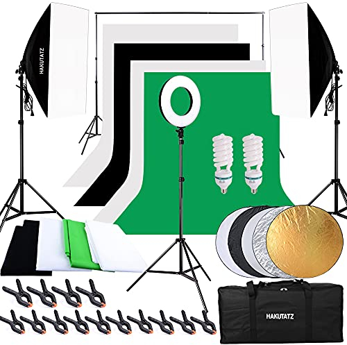 HAKUTATZ® Fotostudio Set Fotografie Studioleuchte Fotowand Softbox mit 12 Zoll LED Ringleuchte Ringlicht Green Screen Set