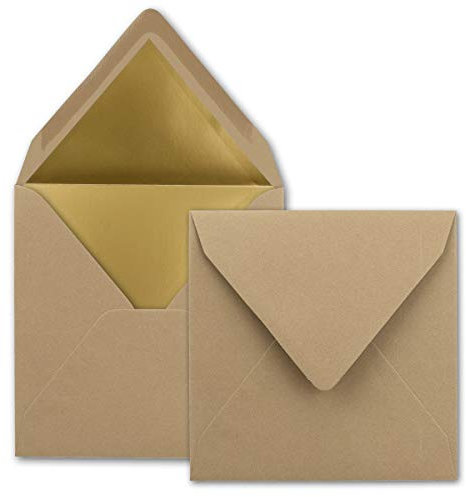 50 quadratische Brief-Umschläge - 15,5 x 15,5 cm, Cappuccino (Braun) - mit Gold-Papier gefüttert - Nassklebung - FarbenFroh by GUSTAV NEUSER