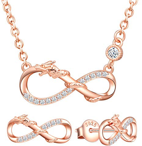 Yumilok Damen Schmuckset Halskette mit Drachen Unendlichkeit Anhänger & Damen Ohrstecker Ohrringe aus 925 Sterling Silber