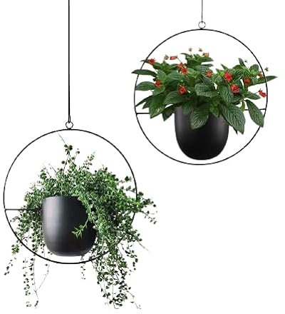Funtabee 2-Pack Mid-century Modern Hanging Planter, Black Metal Wall Hanging Planter Indoor, Hanging Flower/Plant Pots, Metal Hanging Baskets/Plant Holder, Set of Two (Black, Roundx2)