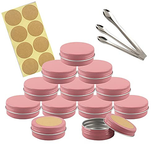 TIANZD 10 Stück Leere 30 ml Rund Rosa Aluminium Schraubdose Cremedose Alu-Tiegel Dosen mit Schraub-Deckel 30ml Aludose Blechdosen für Kosmetik Kerze Salben mit 3x Löffel 12x Etikette