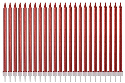 Metallische Happy Birthday-Kerzen, hohe Geburtstagskuchenhalter, lang, dünn, Cupcake-Kerzen, Topper für Hochzeit, Party, Dekoration (24 Stück, Metallic-Rot)