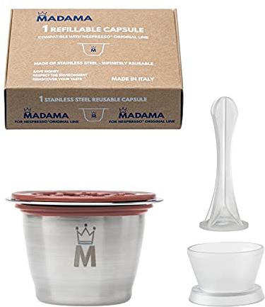 Madama - Capsule rechargeable et réutilisable compatible avec Nespresso. Acier inoxydable avec couvercles en silicone. Fabriqué en Italie. Lot de 1 capsule