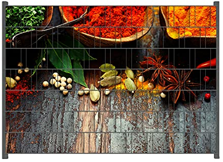 Wallario Zaun Sichtschutz Windschutz für EIN- und Doppelstabmattenzäune in der Größe Breite 2,00m x Höhe 1,40m, Motiv: Gewürze auf Holz - uriger Holztisch in der Küche