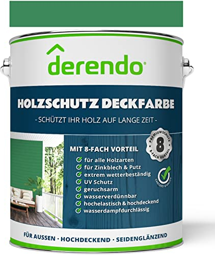 derendo Holzfarbe grün Holzfarbe außen wetterfest Wetterschutzfarbe Langzeitschutz 2,5L RAL 6032 seidenglänzend Holzlack signalgrün Außenbereich Holzschutzlasur hohe Deckkraft