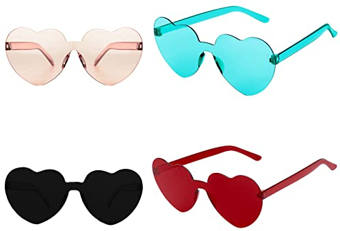 KINBOM 4 Stück Herz Brillen Set, Transparente Bonbonfarbe Rahmenlose Sonnenbrille Partybrille für Frauen Mädchen bei der Pool Geburtstagsfeier Party (schwarz, braun, rot, grün)