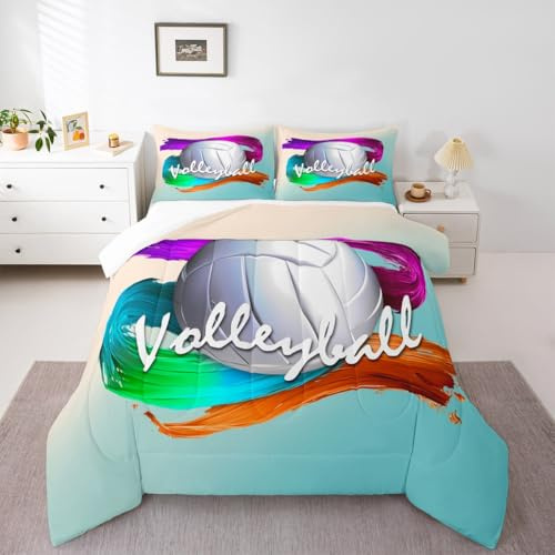 Feelyou Volleyball-Bettwäsche-Set in voller Größe, weiches Kinder-Sport-Thema, Stoff-Bettwäsche-Set mit Kissenbezug, Jungen, Mädchen, Damen, Herren, Bunte Kunst, atmungsaktiv, für alle Jahreszeiten
