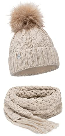 ELIMELI® Winter Mütze Schal Set Damenmütze mit Fell-Bommel Fleece Innenfutter - 2-teilig Damen Winterset - Wintermütze und passender Schal Damenschal- Strickmütze gefüttert (Beige - Mütze mit Schal)