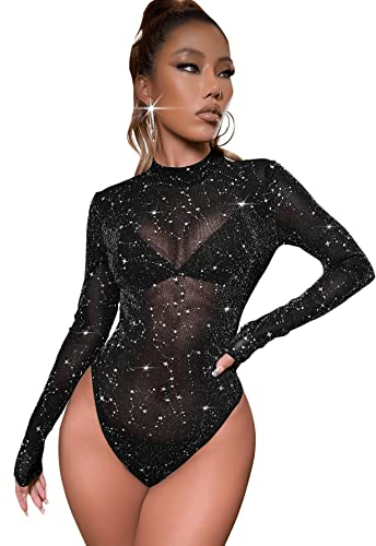 GORGLITTER Mesh Body Damen Langarm Sheer Bodysuit Sexy Oberteil mit Glitzer Party Outfit Clubwear Schwarz S