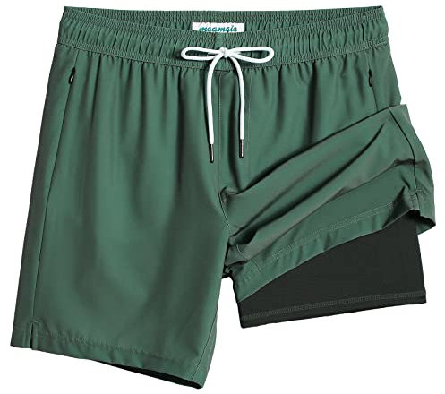 MaaMgic Homme Short de Bain 2 en 1 à séchage Rapide avec Doublure | Séchage Rapide Short de Natation décontracté Boardshorts avec Pantalon intérieur et Poche,Vert Militaire Foncé,S