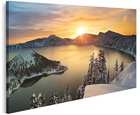 islandburner Bild auf Leinwand Schöne Landschaft mit hohen Bergen mit beleuchteten Wandbild Leinwandbild Bilder für Wohnzimmer GBMP-1K