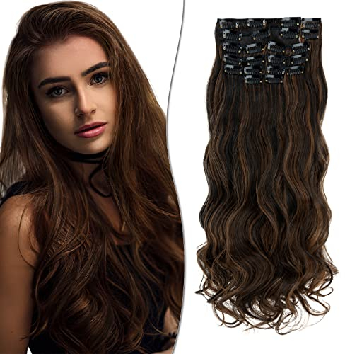 SEGO 12 PCS Clip in Extensions wie Echthaar Haarverlängerungen Haarteile Locken Wellig 55 cm günstig für Voller Kopf 180g Dunkelbraun & Hellbraun