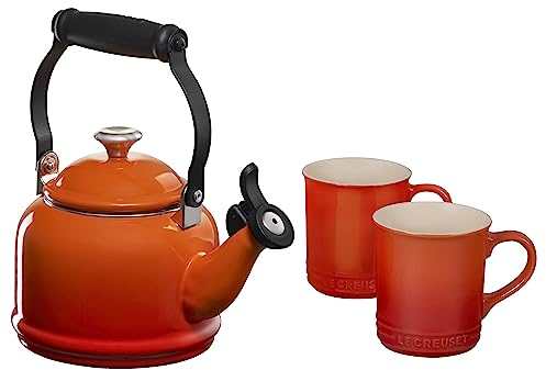 Le Creuset Lot de 2 tasses demi-bouilloire en acier émaillé avec finitions métalliques et grès 1,25 l Bouilloire et 2 tasses de 414 ml, flamme