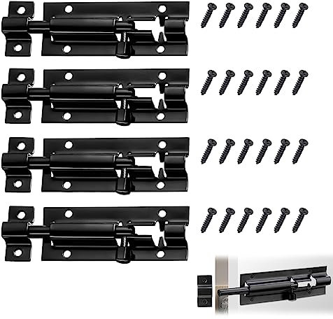Door Lock Bolt, 4 Pack 3 Inch Door Security Slid Latch Lock, Barrel Bolt Stainless Steel Sliding, Door Latch Lock with Screws, Heavy Duty Door Security Bolts for Home Yard Garden(Black)
