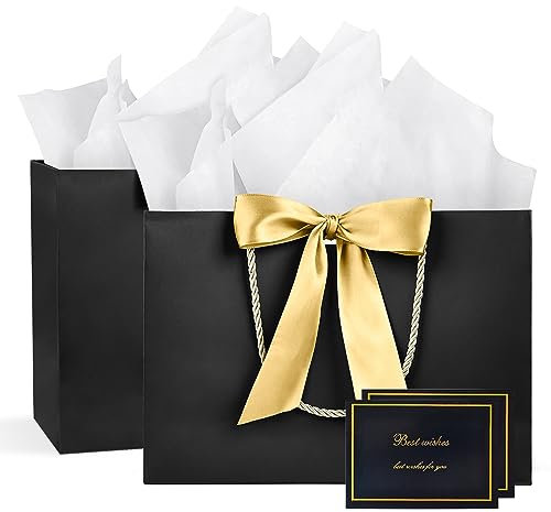 BBLIKE Medium Gift Bags for Present - 2 Pcs Birthday Gift Bag with 4 Wrappers and 2 Cards, Luxury Paper Bags with Handles for Girls Women Wedding Party Christmas Valentines Bridesmaid (Black Gold)