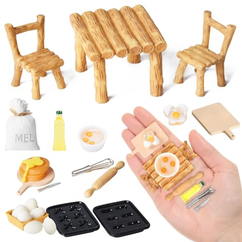 Colmanda 22 Pièces Ensemble de Cuisson Miniature, Accessoires de Cuisine Miniatures, Réaliste Nourriture Maison De Poupée, Mini Tables et chaises, Cadeaux de Noël pour Les Enfants de 3 à 12 Ans