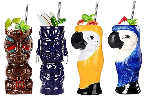 Morlinca Tiki Mugs Cocktail Set di 4 Tazze Tiki in Ceramica Hawaii Tiki Party Cocktail Creativo Bicchiere da Bar Bicchieri Premium Tropical Exotic,A9
