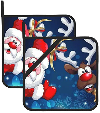 Topflappen-Set, hitzebeständig, mit Tasche, für Küche, Kochen, Backen, Grillen, Backofen, Mikrowelle, 20,5 x 20,5 cm, Weihnachtsmann und Hirsch, Elch, 2 Stück