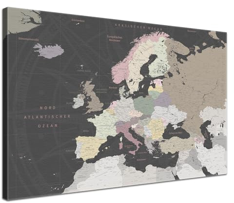 LANA KK Europakarte-Pinnwand als Leinwandbild zum pinnen der Reisen – „Europakarte Grey” - Deutsch - Landkarten-Wandbild Europa in grau, 100 x 70 cm