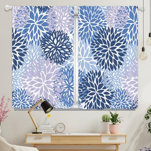Yorida Küchengardine in Blau, Marineblau, Lila, Gänseblümchen, Dahlien, Mandala, Boho, Blume, Frühling, Blumenvorhänge, Waschküche, Café, kurze kleine Badezimmer-Vorhänge, Fensterbehandlung, Ebenen,
